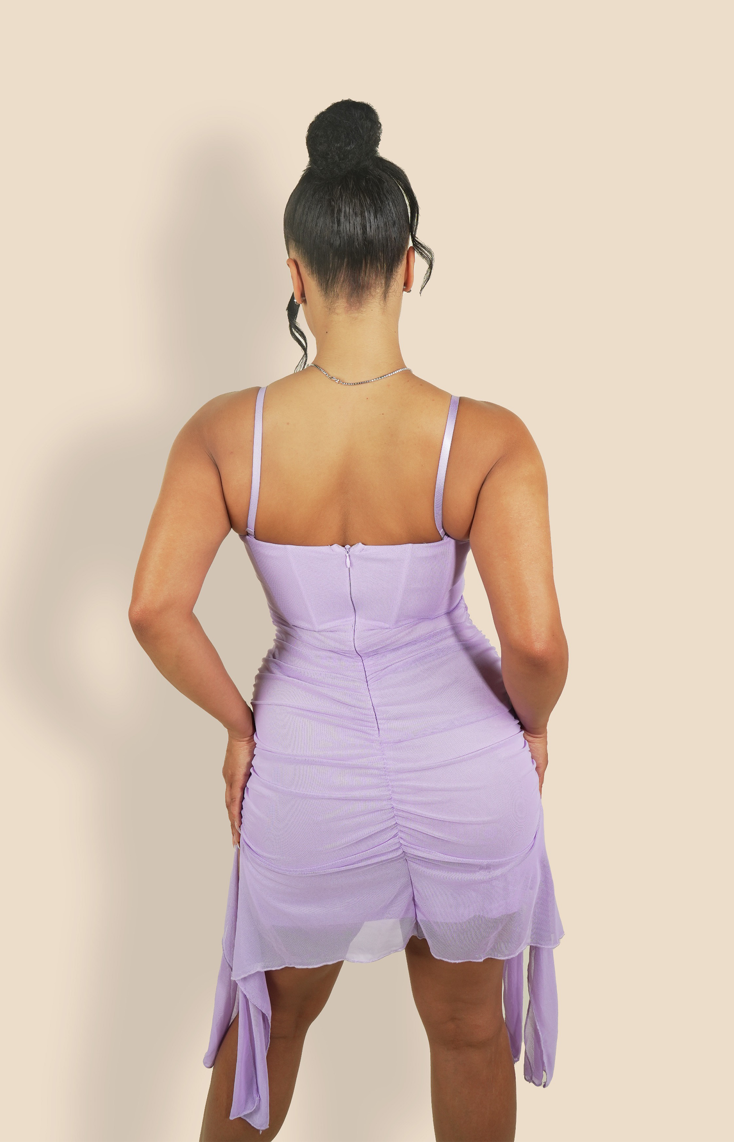 Ruched mesh mini dress with corset and cut out side splits