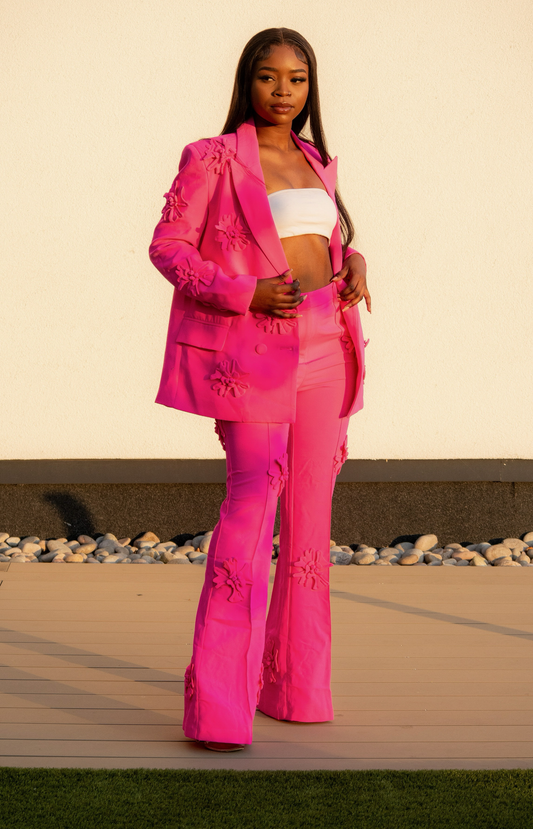 pink women's suit trousers with floral embellishment