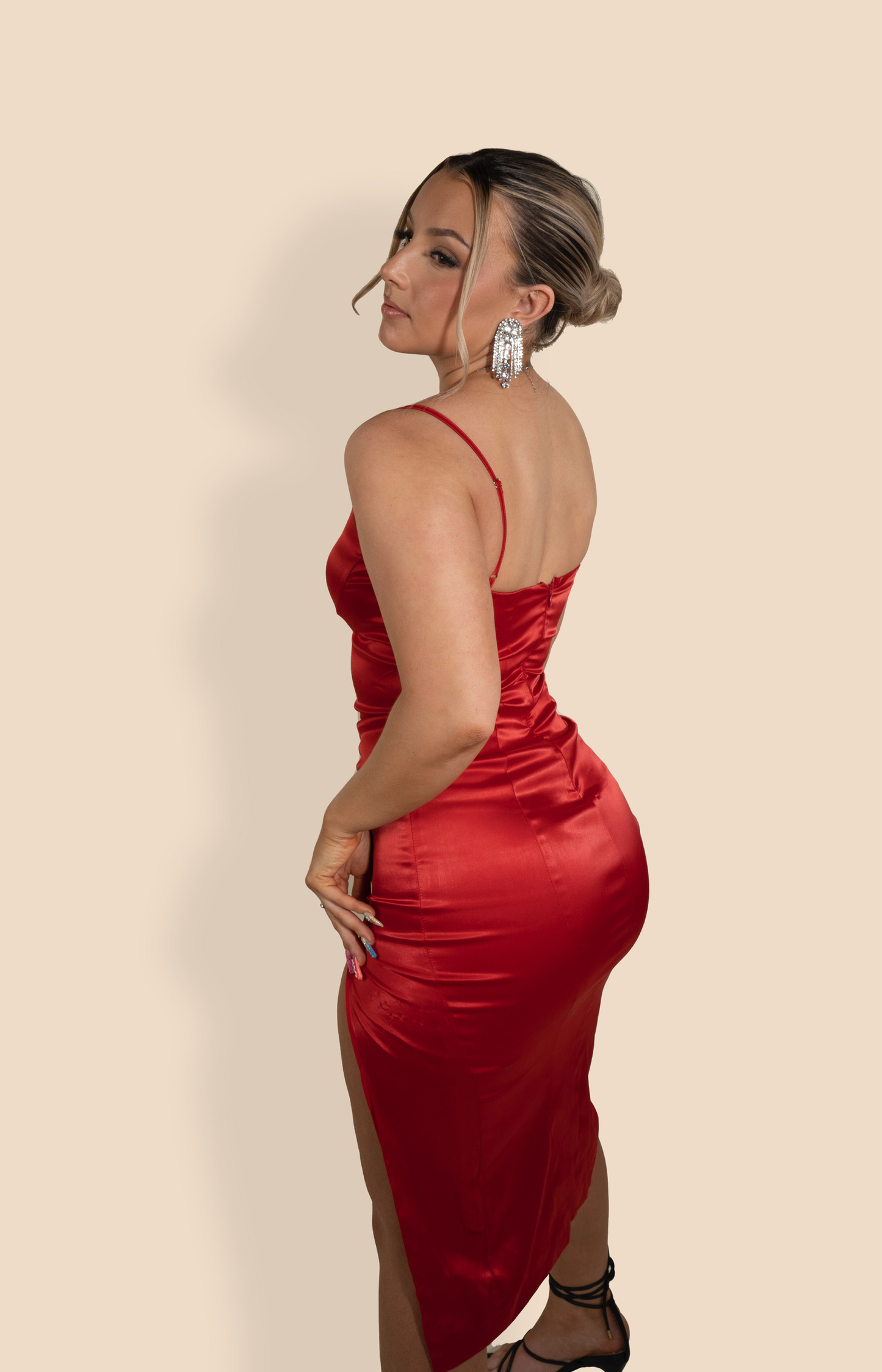 Red thin strap midi dress with split thigh 