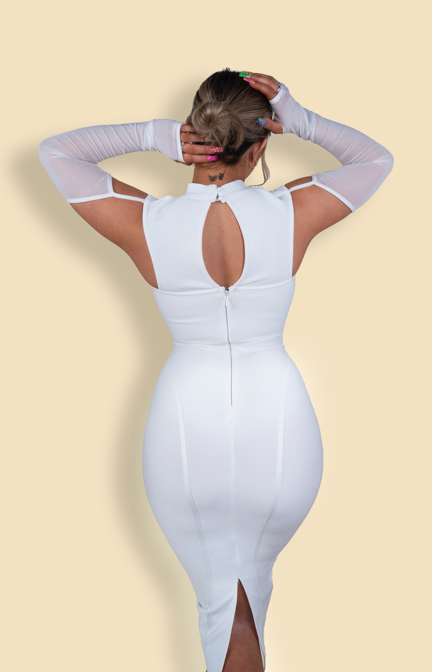 midi bandage bodycon dress with mesh sleeves