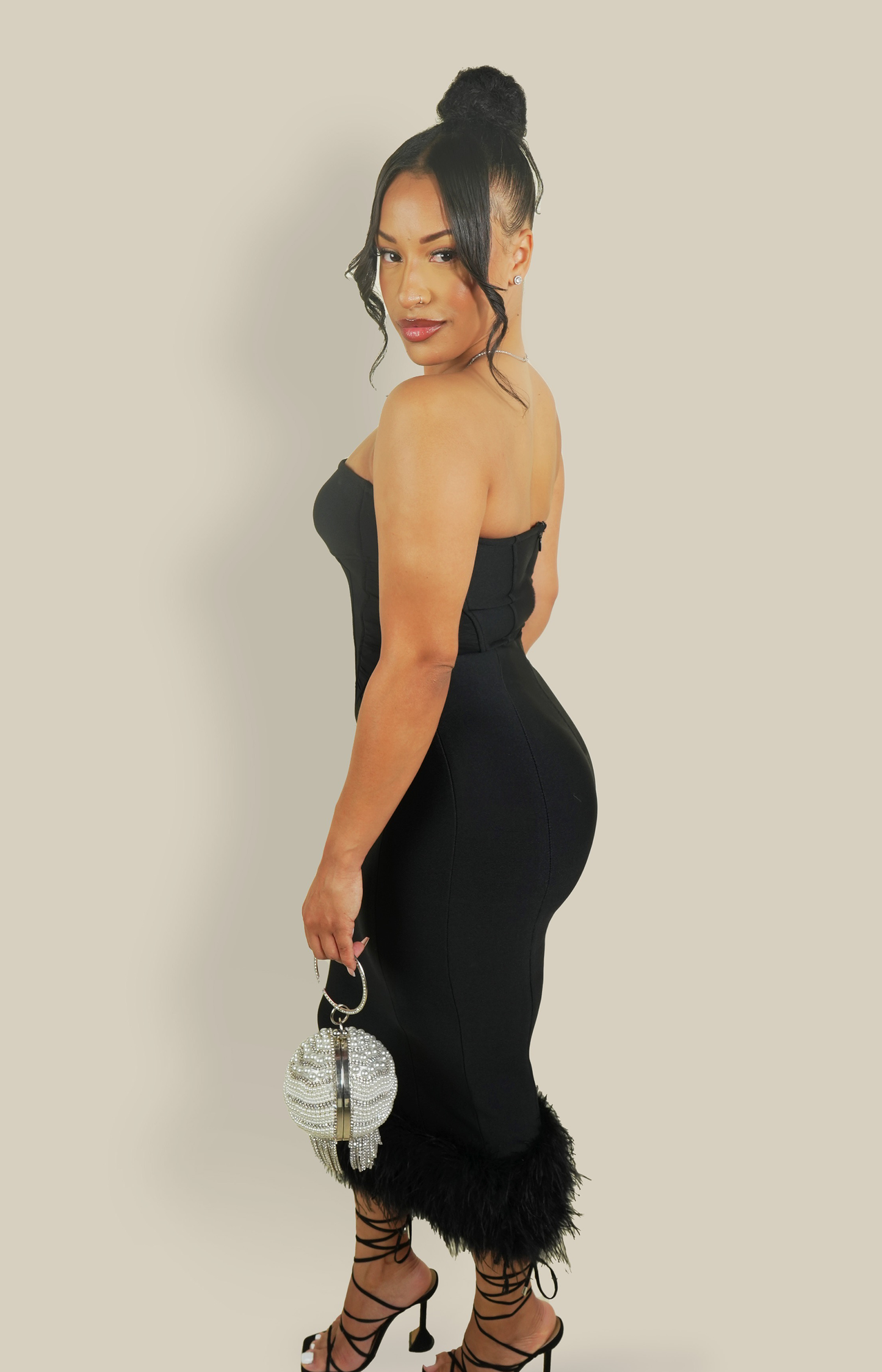 Black bandeau midi dress with feather trimmed hem