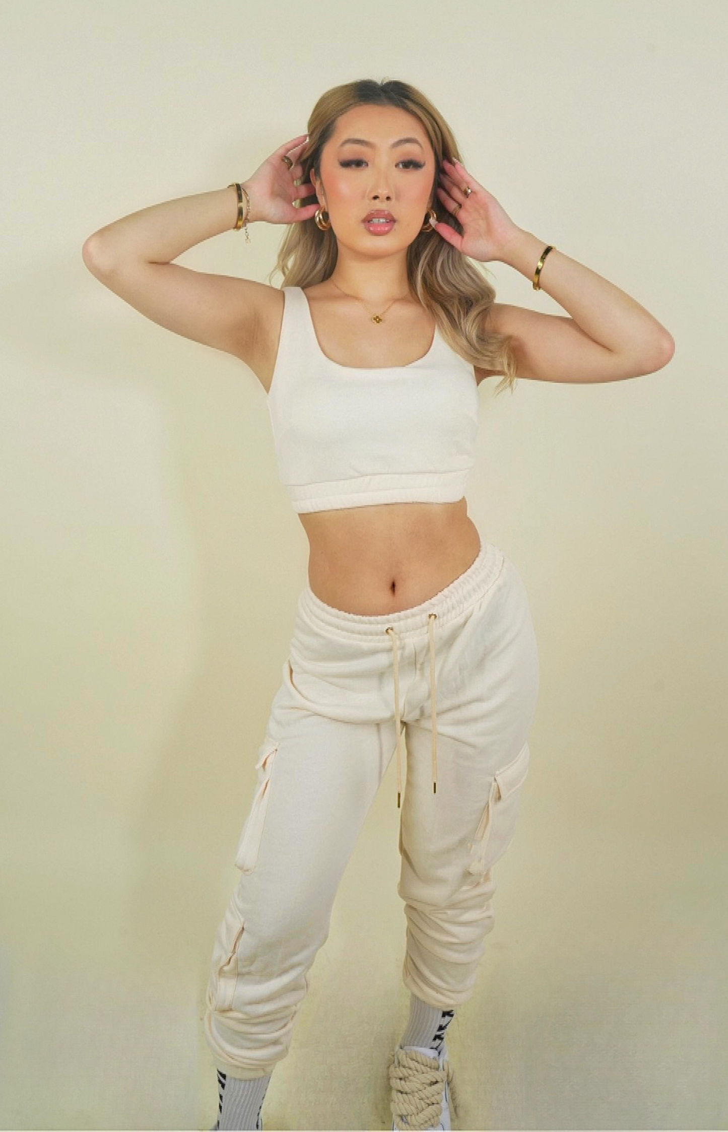 beige crop tank top and joggers set