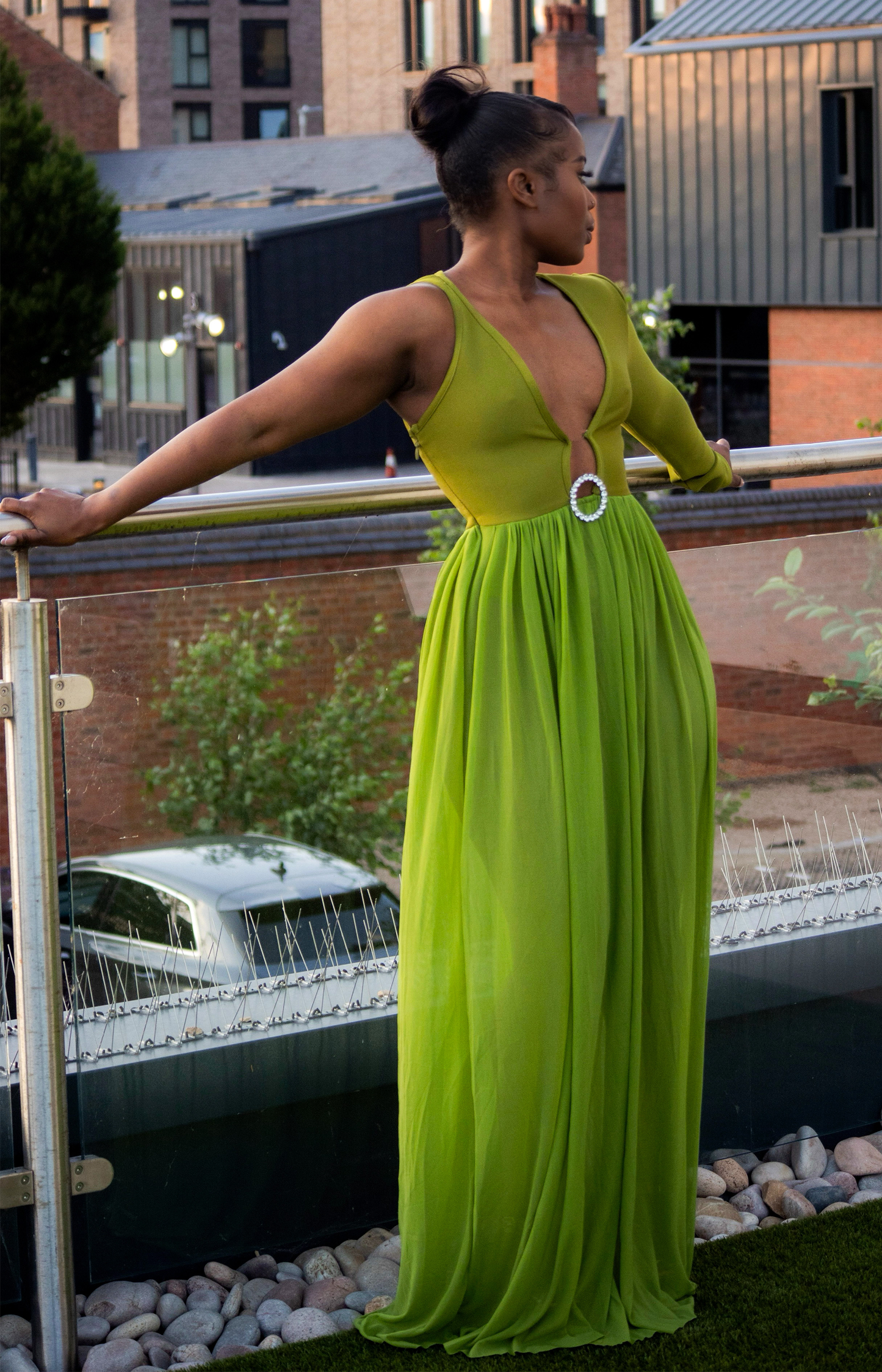 one shoulder chiffon olive maxi dress