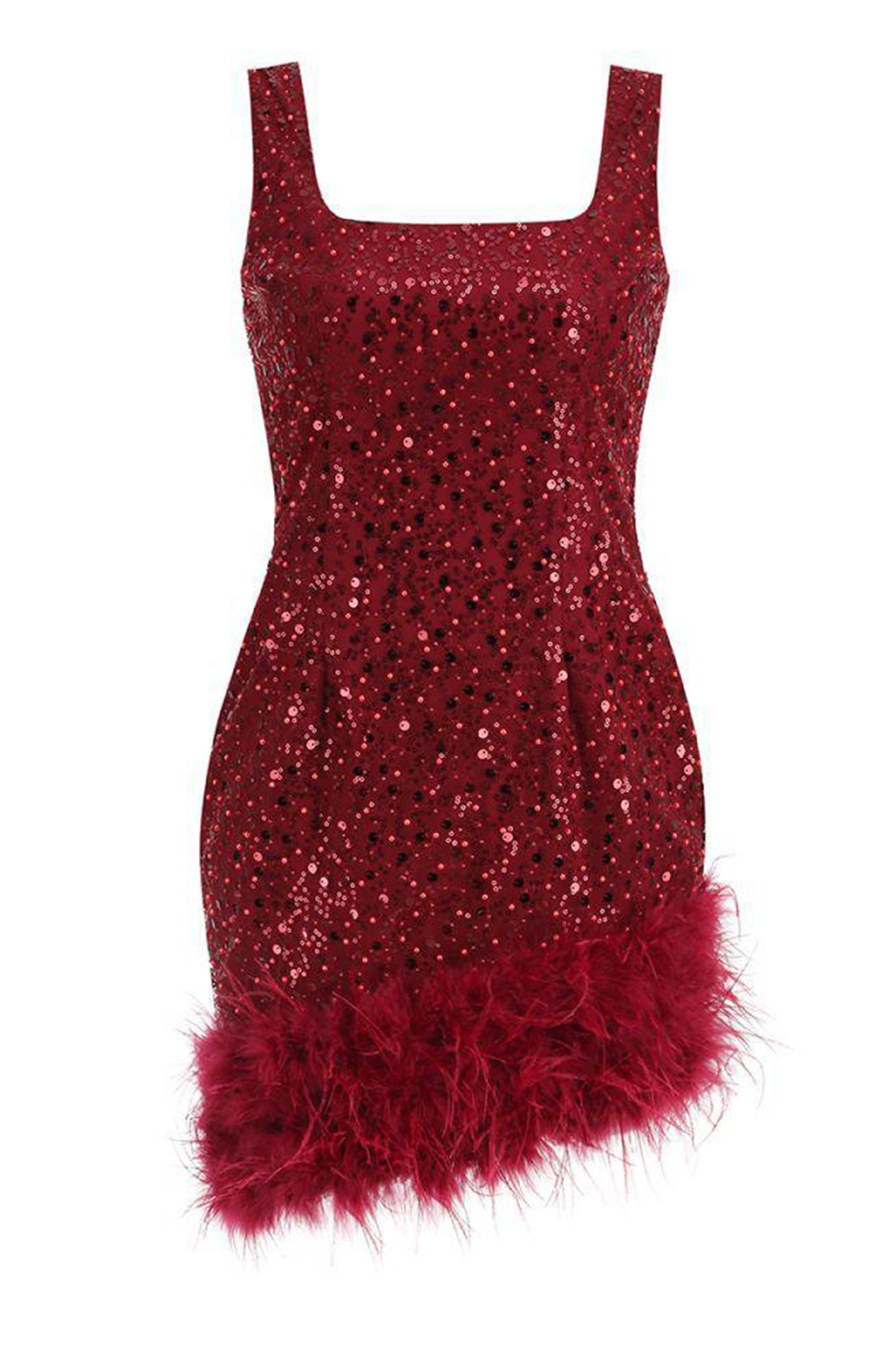 Feather hem bodycon mini dress with sequin detail