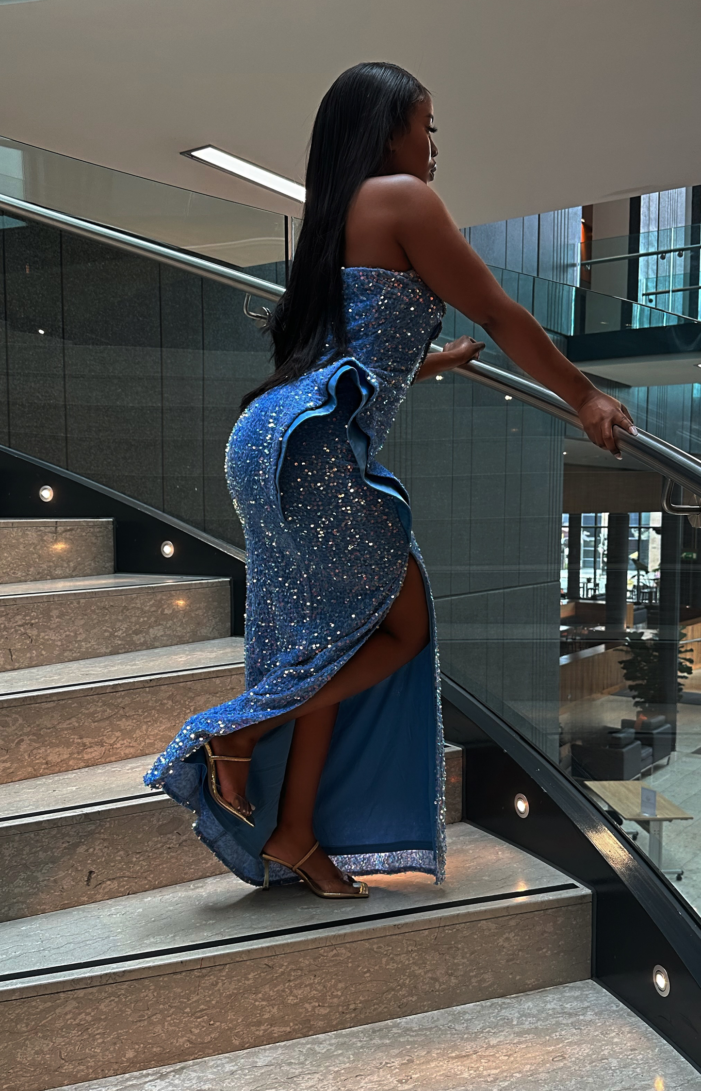 Blue bandeau embellished wedding guest maxi dress with sweetheart neckline and sequin detail