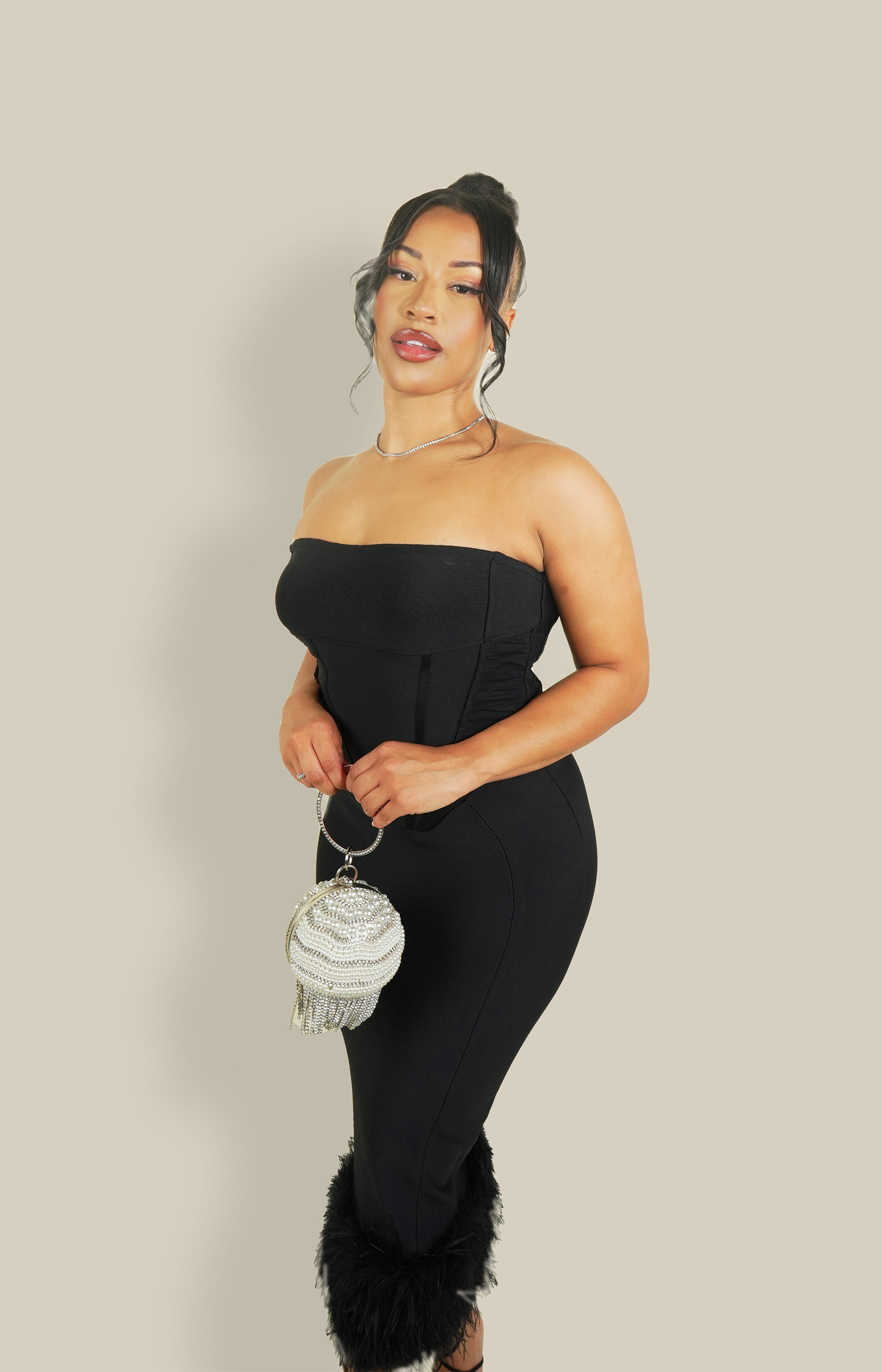 Black bandeau midi dress with feather trimmed hem