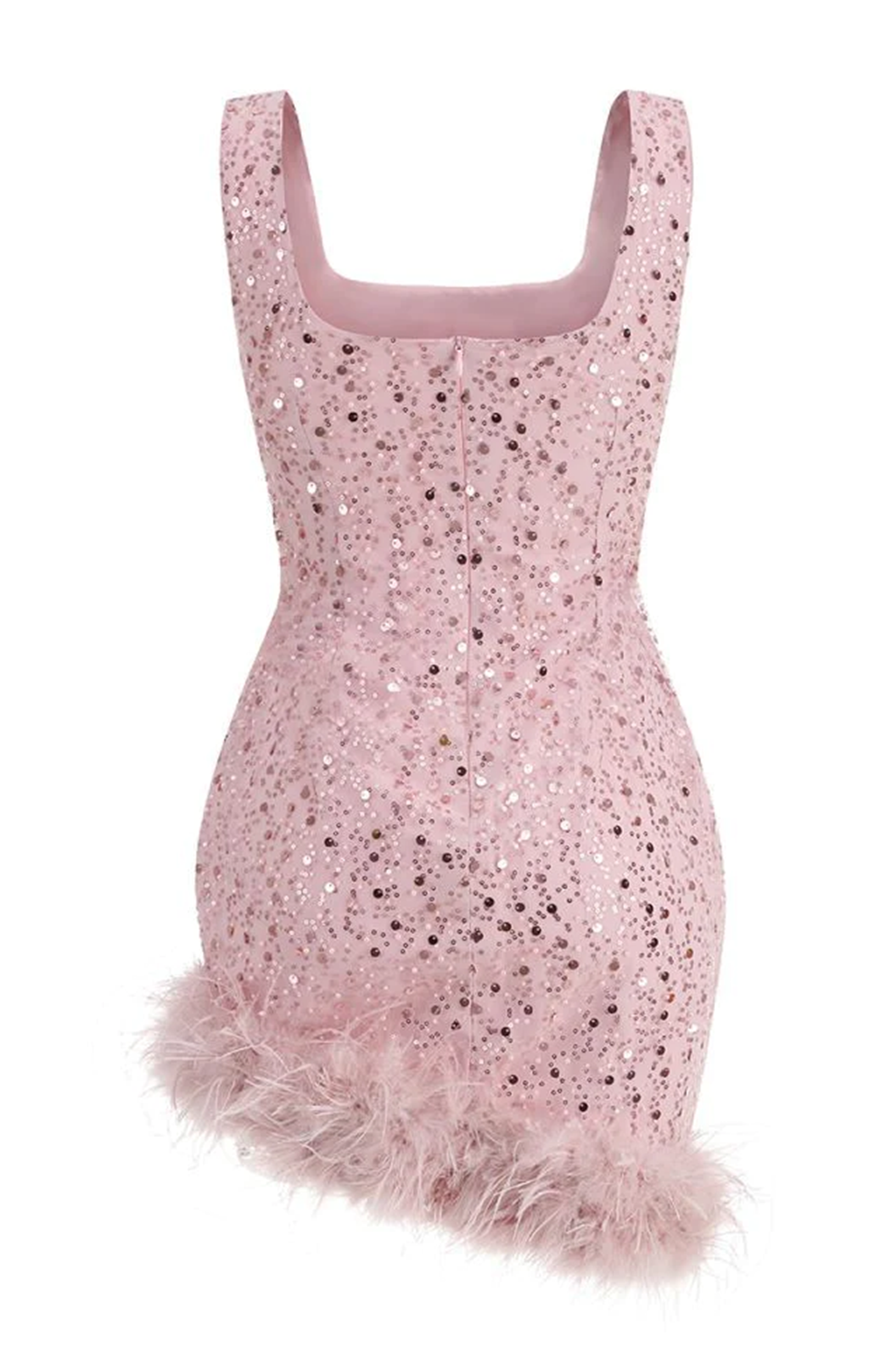 Pink feather hem bodycon mini dress with sequin detail