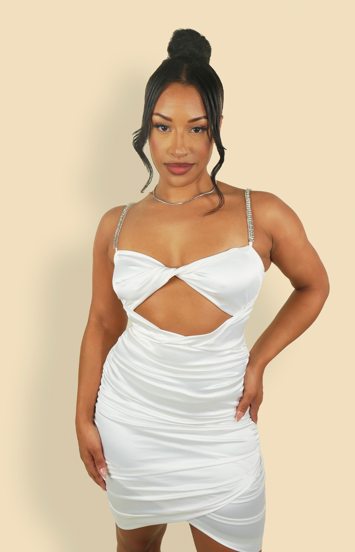 White embellished strap bodycon mini dress with ruched corset