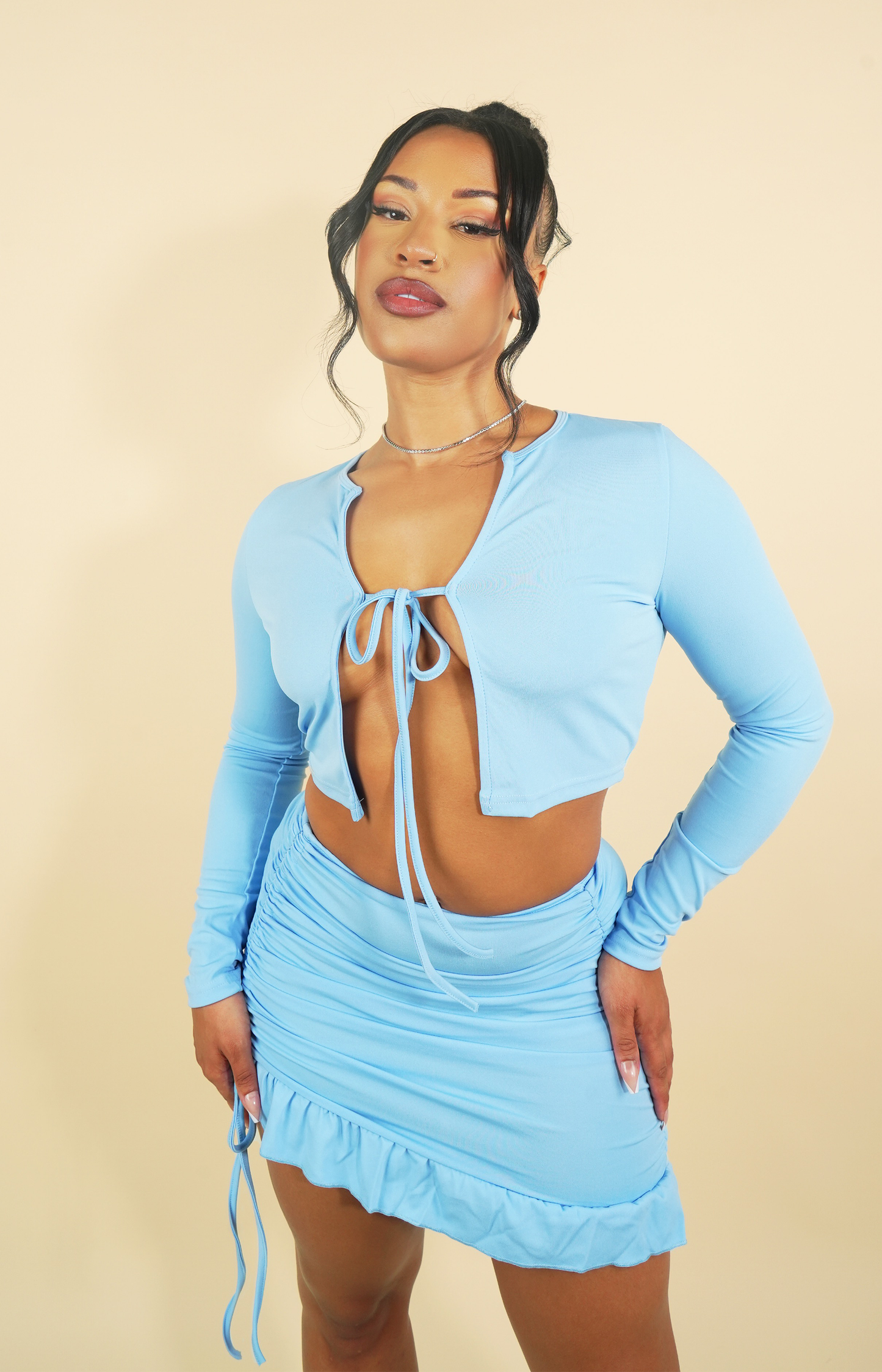 Ocean blue long sleeve co-ord set with mini skirt
