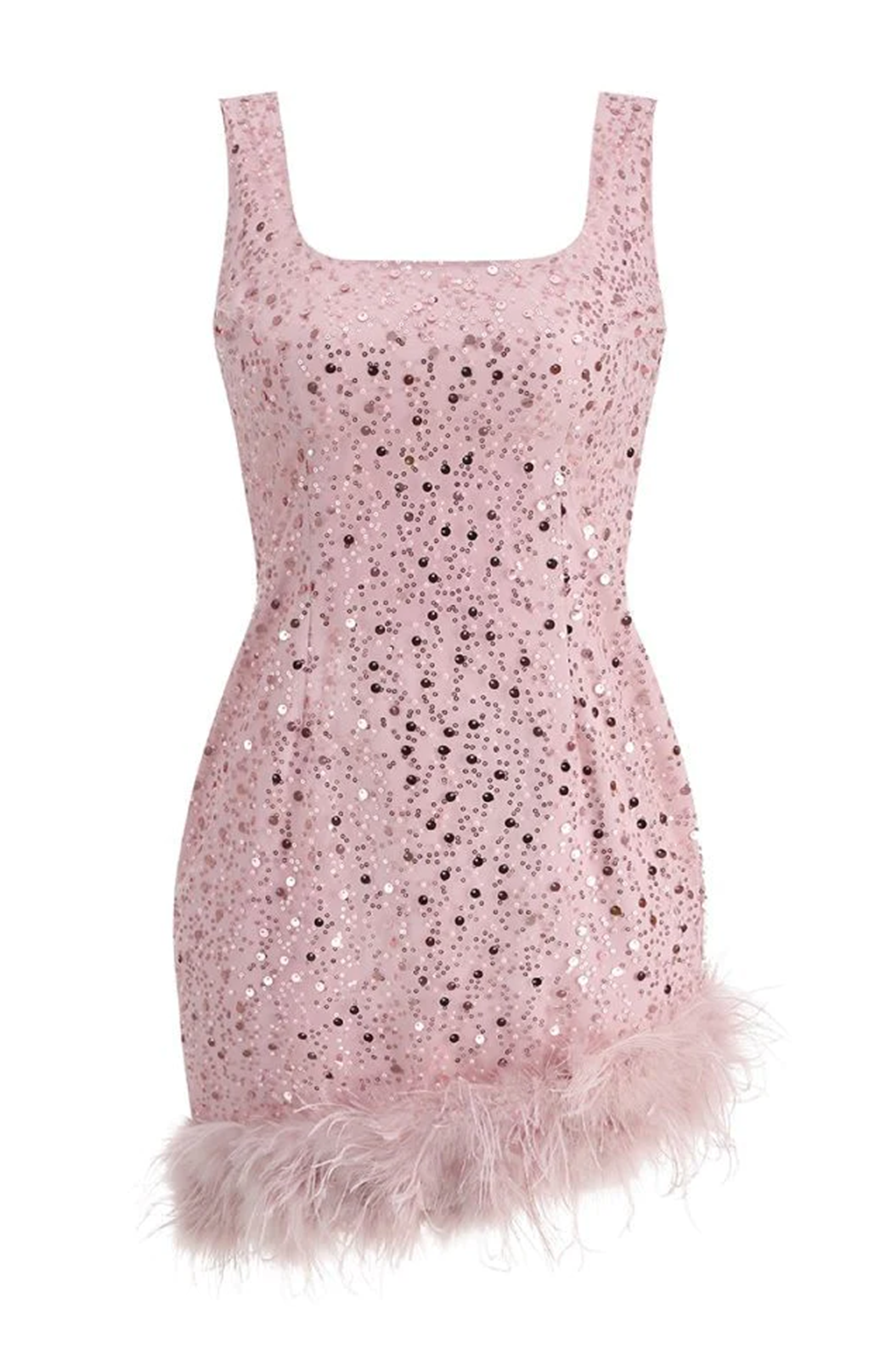 Pink feather hem bodycon mini dress with sequin detail