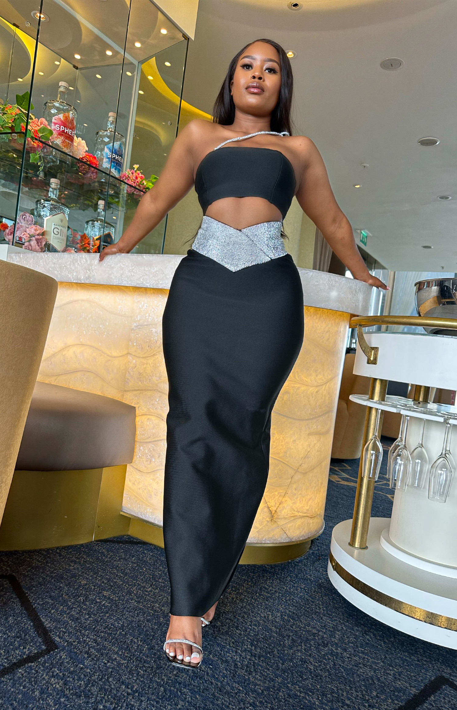 embellished black crop top with high waist maxi skirt co-ord set