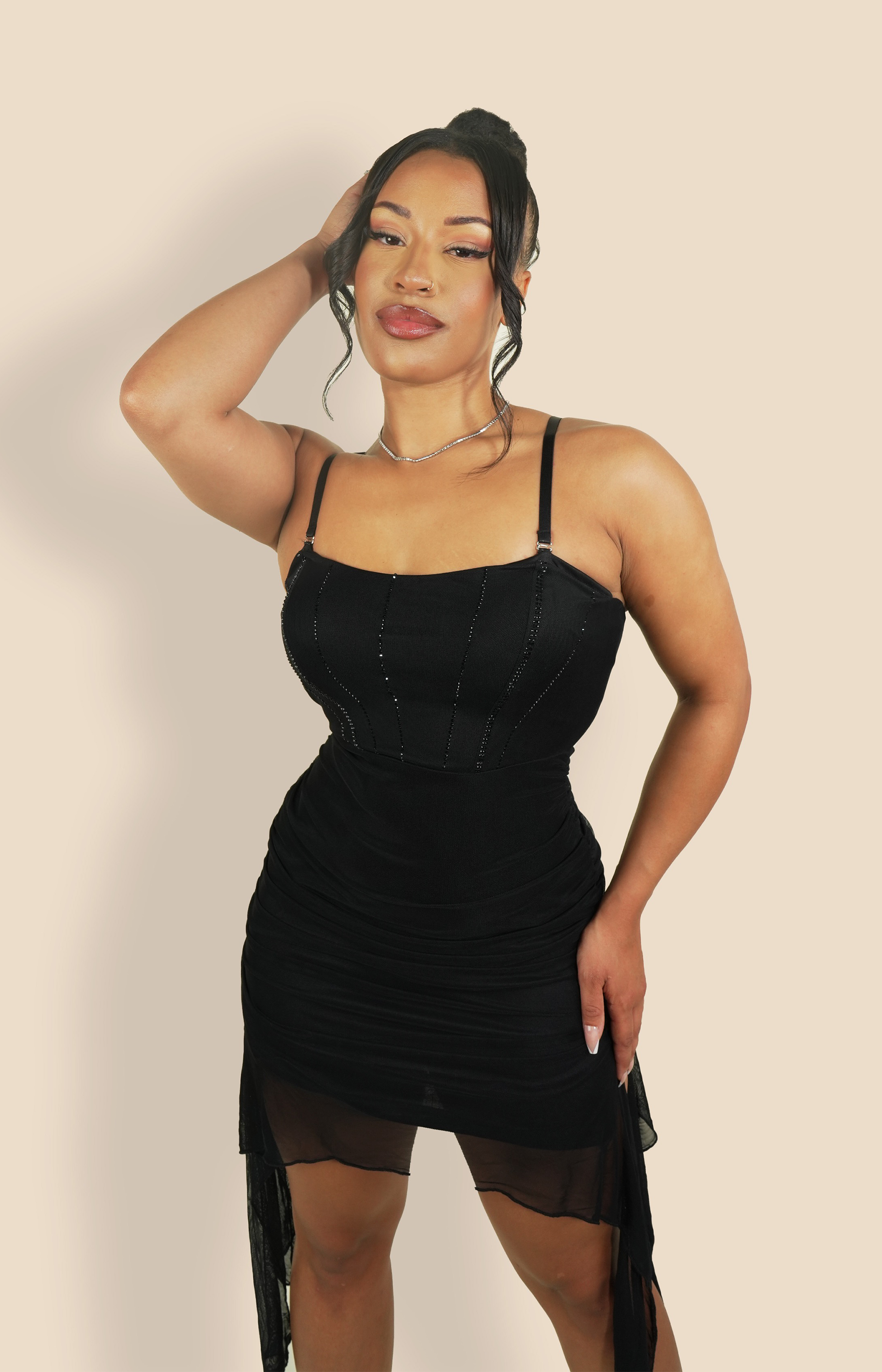 Ruched mesh mini dress with corset and cut out side splits